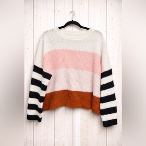 Striped Colorblock Sweater - Cream, Pink, Black, and Brown